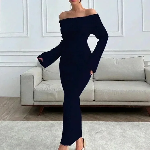 Black Elegant Women's Off Shoulder Sweater Maxi Dress Slim Fit - Picture 4 of 7